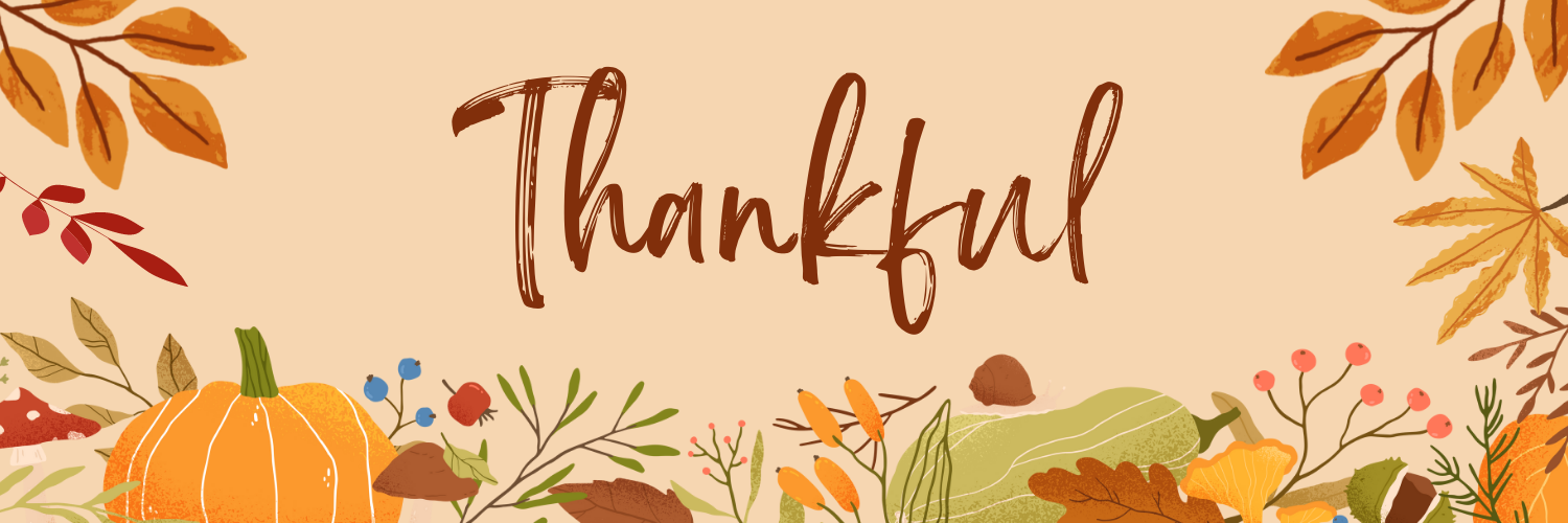 The word "Thankful" in brown script on beige background with leaves and pumpkin on outline